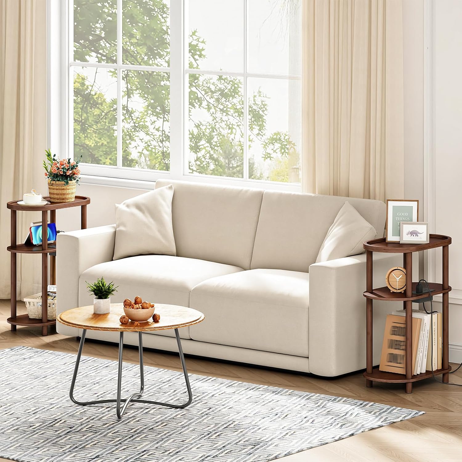 HOOBRO Small Narrow Side Table with Charging Station, 3-Tier Bamboo Narrow End Table, Slim Side Table for Small Spaces, Skinny Oval Nightstand for Living Room, Bedroom, Apartment, Mocha MA178UBZ01