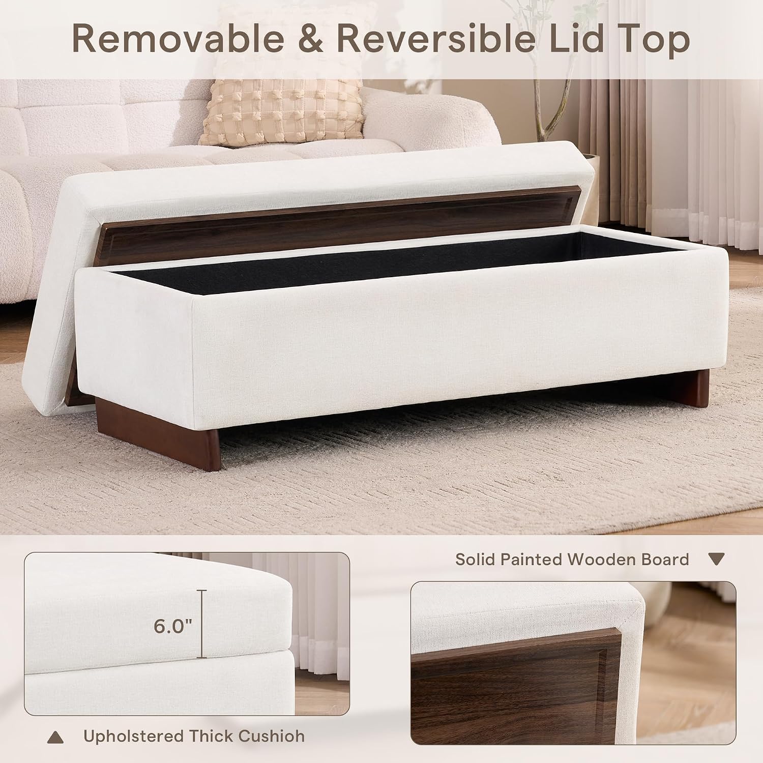 46 Inch Storage Ottoman Coffee Table, Large Upholstered Ottoman Bench with Storage, Wooden Tray and Legs for Living Room,Bedroom,End of Bed,Entryway,Beige