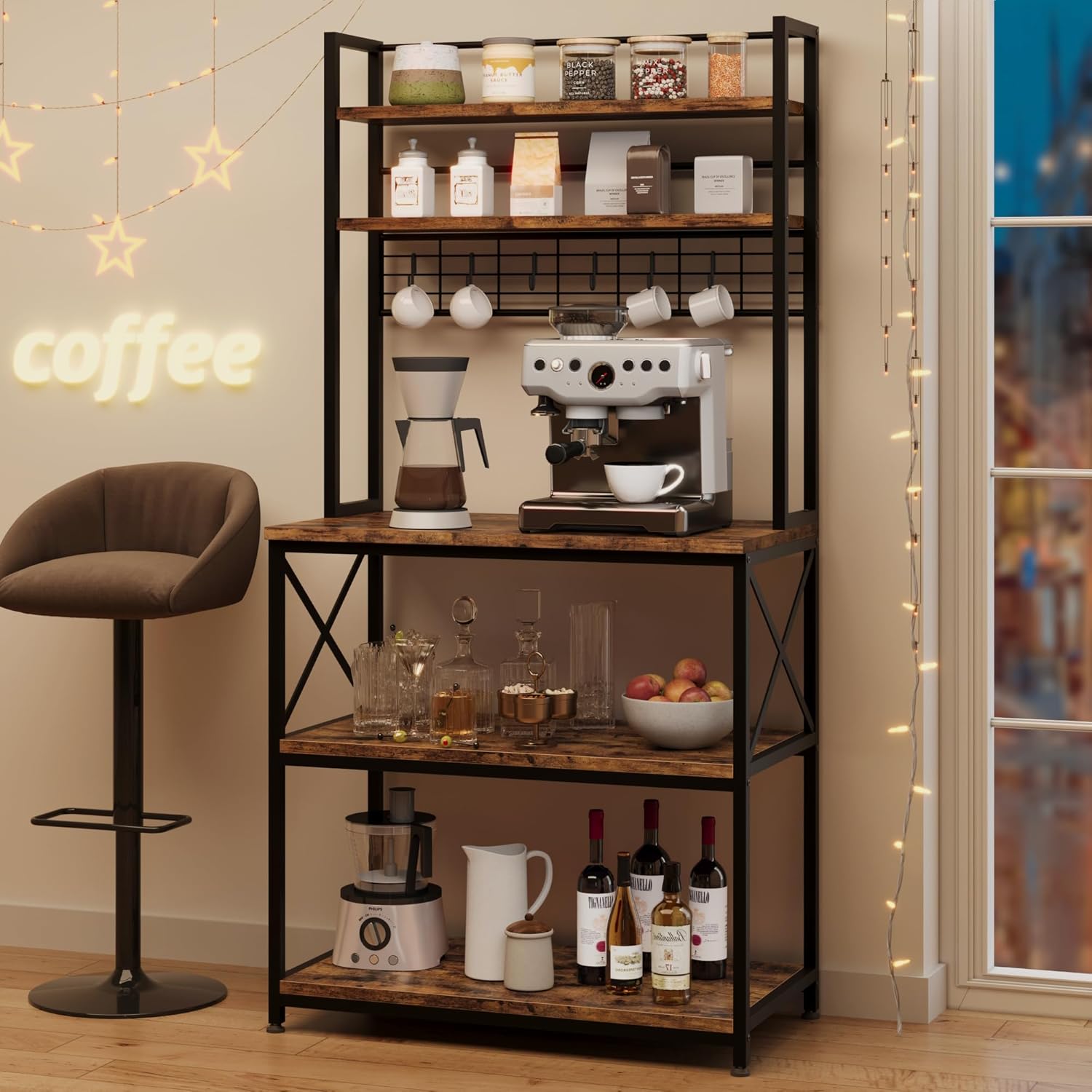 IDEALHOUSE 62in Kitchen Bakers Rack, 31in Coffee Bar Table 5 Tiers, Kitchen Microwave Stand with 6 s-Shaped Hooks, Open Storage Shelves for Spices, Pots and Pans, Rustic Brown