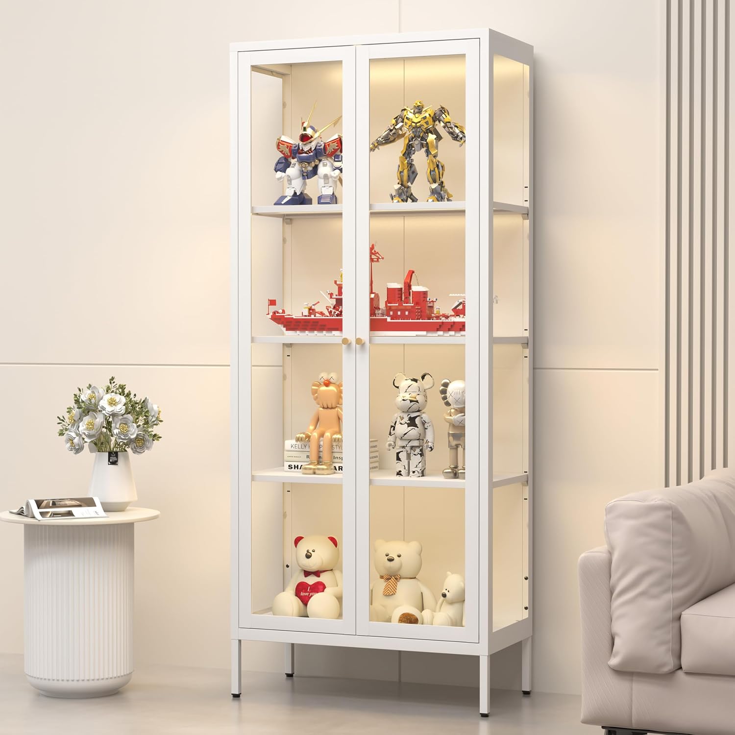 66"Glass Display Cabinet with 3 Color LED Lights,Metal Curio Cabinet with Glass Doors,4-Tier Display Case for Collectibles,Trophy,Plant,White Storage Cabinets For Living Room - Assemble Required