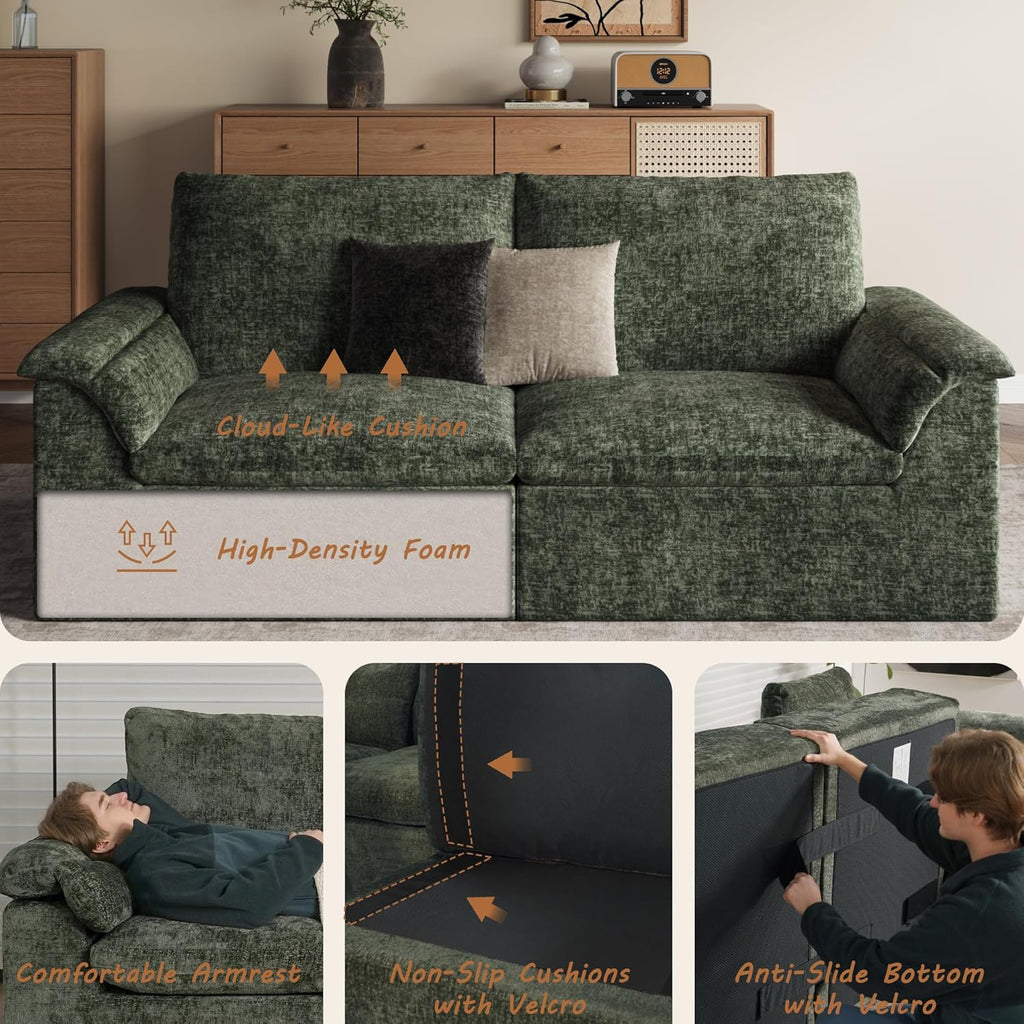 EASE MOOSE Oversized Cloud Sectional Boneless Couch for Living Room, Modern U-Shaped Modular Couch with Ottoman, Comfy Chenille Deep Seat Compressed Sofa, Green