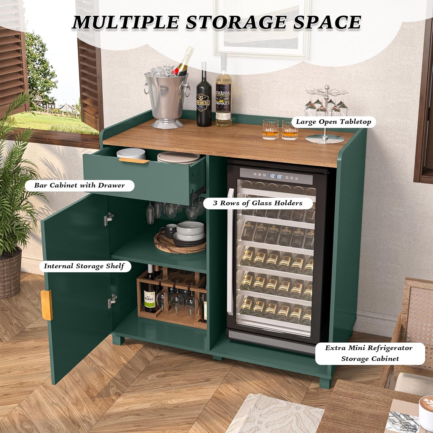 Bar Cabinet with Fridge Space&Fluted Door, Mini Fridge Cabinet with Wine Storage, Modern Sideboard Buffet Cabinet Coffee Station for Dining Room, Living Room, Kitchen, Green