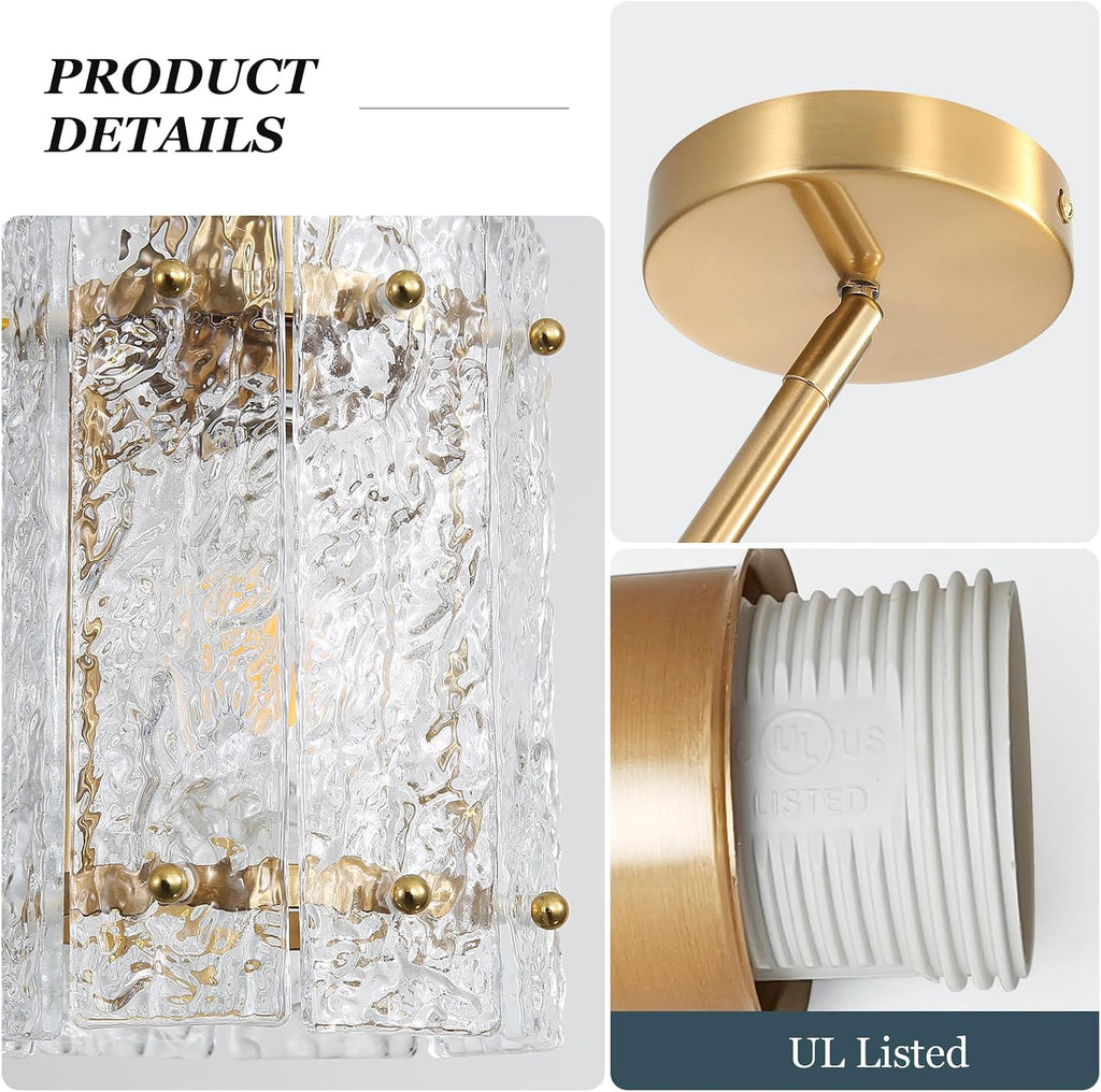 Gold Glass Pendant Lights Kitchen Island, Water Ripple Round Pendant Lights Adjustable Modern Hanging Pendant Light Fixtures for Kitchen Island Dining Room Above Sink Foyer Entryway 1 Pack