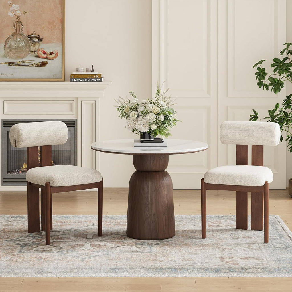MALOL Modern Wooden Dining Chairs Set of 2, Upholstered Fabric Kitchen Chairs with Sculptural Backrest, Mid-Century Farmhouse Dining Room Chairs with Solid Wood Legs, Beige