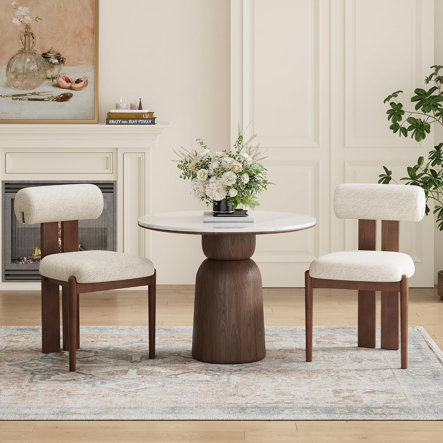MALOL Modern Wooden Dining Chairs Set of 2, Upholstered Fabric Kitchen Chairs with Sculptural Backrest, Mid-Century Farmhouse Dining Room Chairs with Solid Wood Legs, Beige