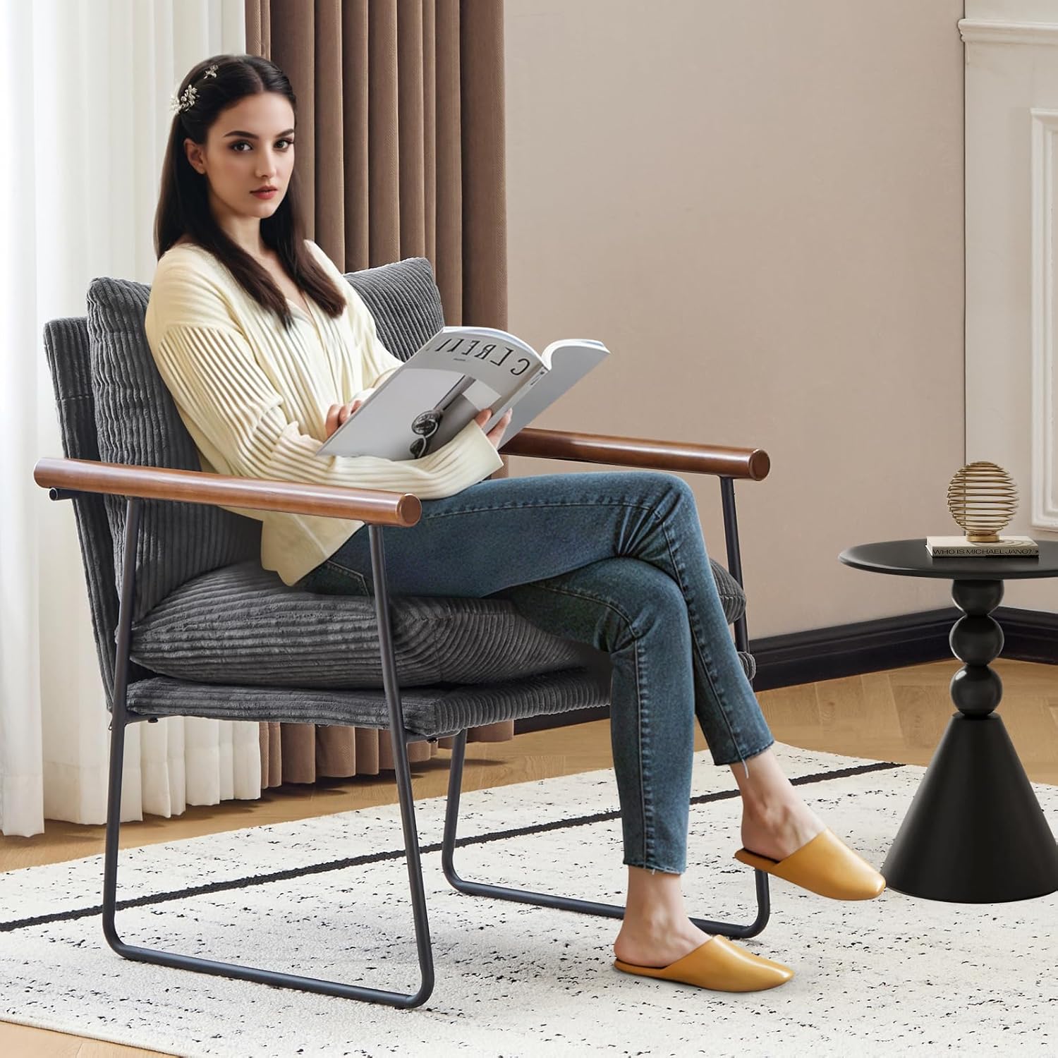 Furnilivng Large Sling Accent Chair, Comfortable Boucle Fabric Arm Chair, Upholstered Cozy Reading Chair for Living Room, Bedroom, Dressing Room, Home Office (Dark Gray, Set of 1)