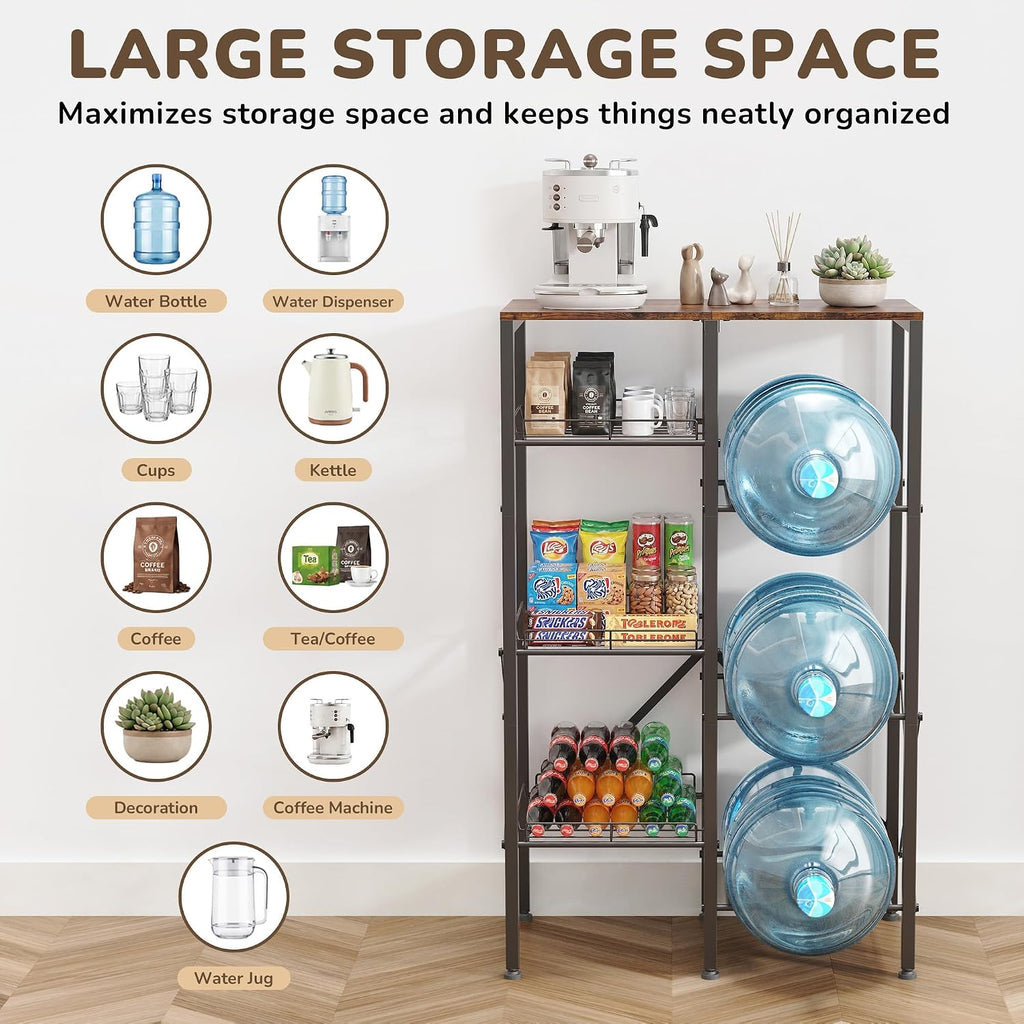 5 Gallon Water Jug Holder - Water Stand for 5 Gallon Bottle with Wire Storage Basket - 4 Tier Heavy Duty Water Jug Storage Rack for Home Kitchen Living Room Office