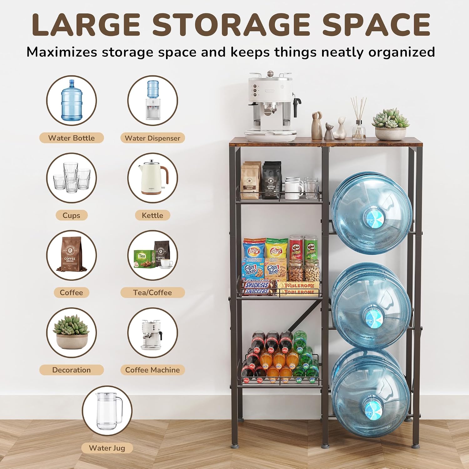 5 Gallon Water Jug Holder - Water Stand for 5 Gallon Bottle with Wire Storage Basket - 4 Tier Heavy Duty Water Jug Storage Rack for Home Kitchen Living Room Office