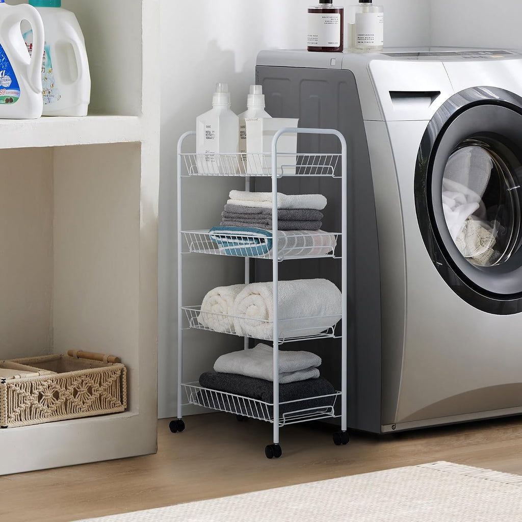 4-Tier Heavy-Duty Rolling Metal Laundry Sorter Cart with Lockable Wheels, White Multi-Bin Divided Storage Organizer for Bedroom, Bathroom & Closet Clothes Sorting