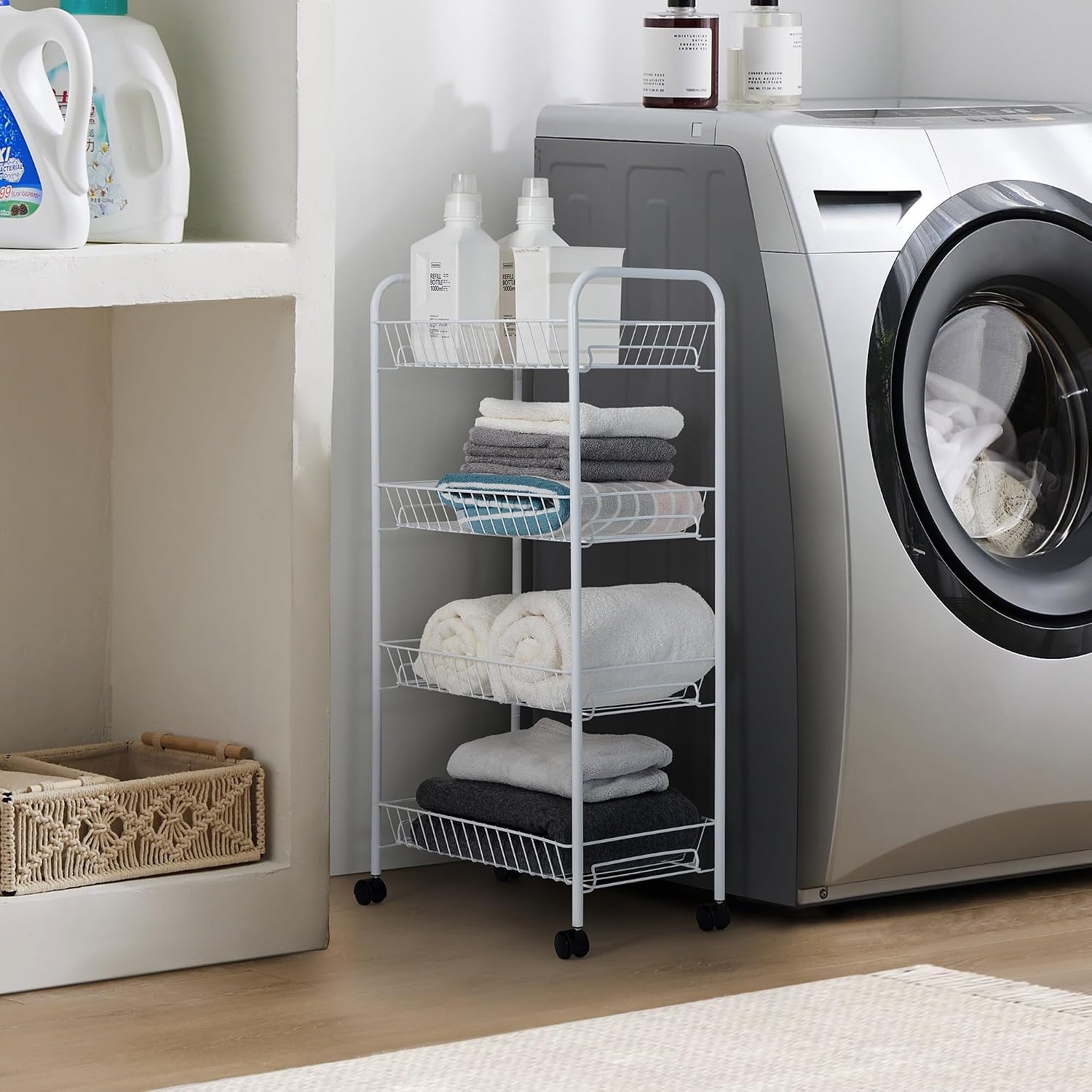 4-Tier Heavy-Duty Rolling Metal Laundry Sorter Cart with Lockable Wheels, White Multi-Bin Divided Storage Organizer for Bedroom, Bathroom & Closet Clothes Sorting
