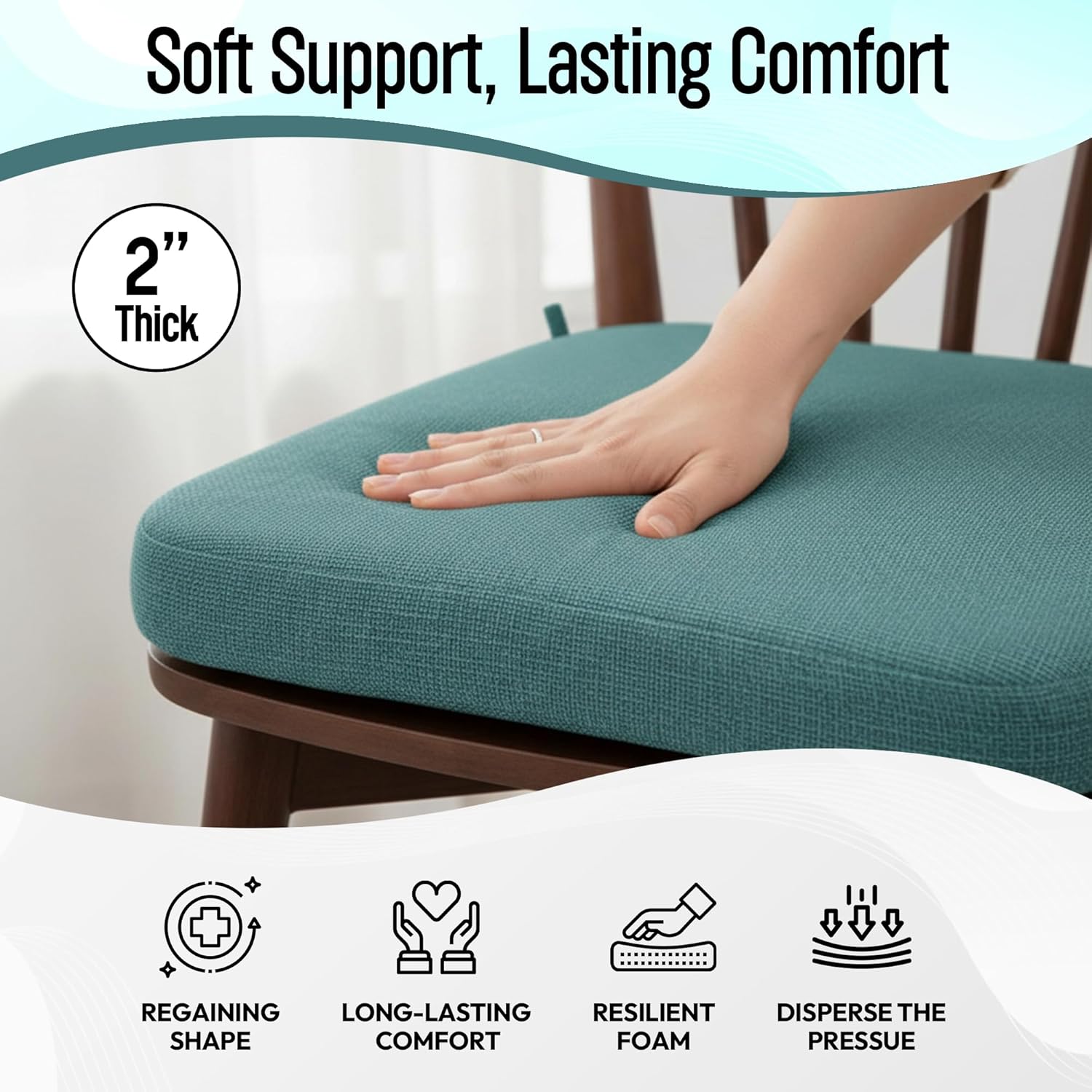 Chair Cushions for Dining Chairs - 17" x 16" x 2" D-Shaped Indoor Seat Cushions - Non Slip Chair Pads with Removable Ties and Washable Cover Set of 4 - Chair Leg Pads Included - Teal