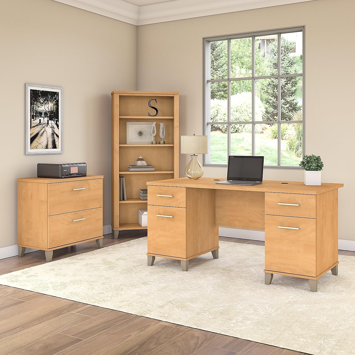Bush Furniture Somerset 60W Office Desk with Lateral File Cabinet and 5 Shelf Bookcase in Maple Cross