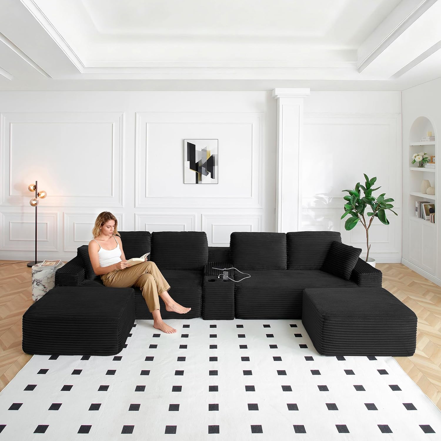 125" Oversized Sectional Couches for Living Room, Modern Boneless Cloud Couch with Ottoman,USB Port&Cup Holders, Comfy Corduroy Modular Sectional U Shape Sofa Couch for Apartment,Black Couch in a Box