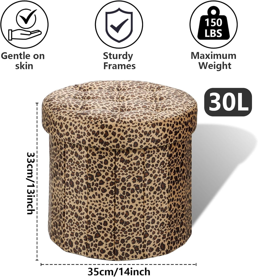 AmasSmile Storage Ottoman Folding Foot Rest Stool, 14x14x13 inch Small Velvet Footstool Bench, Short Ottoman Bench, Storage Foot Rest Store, Blanket Chest, Leopard Print