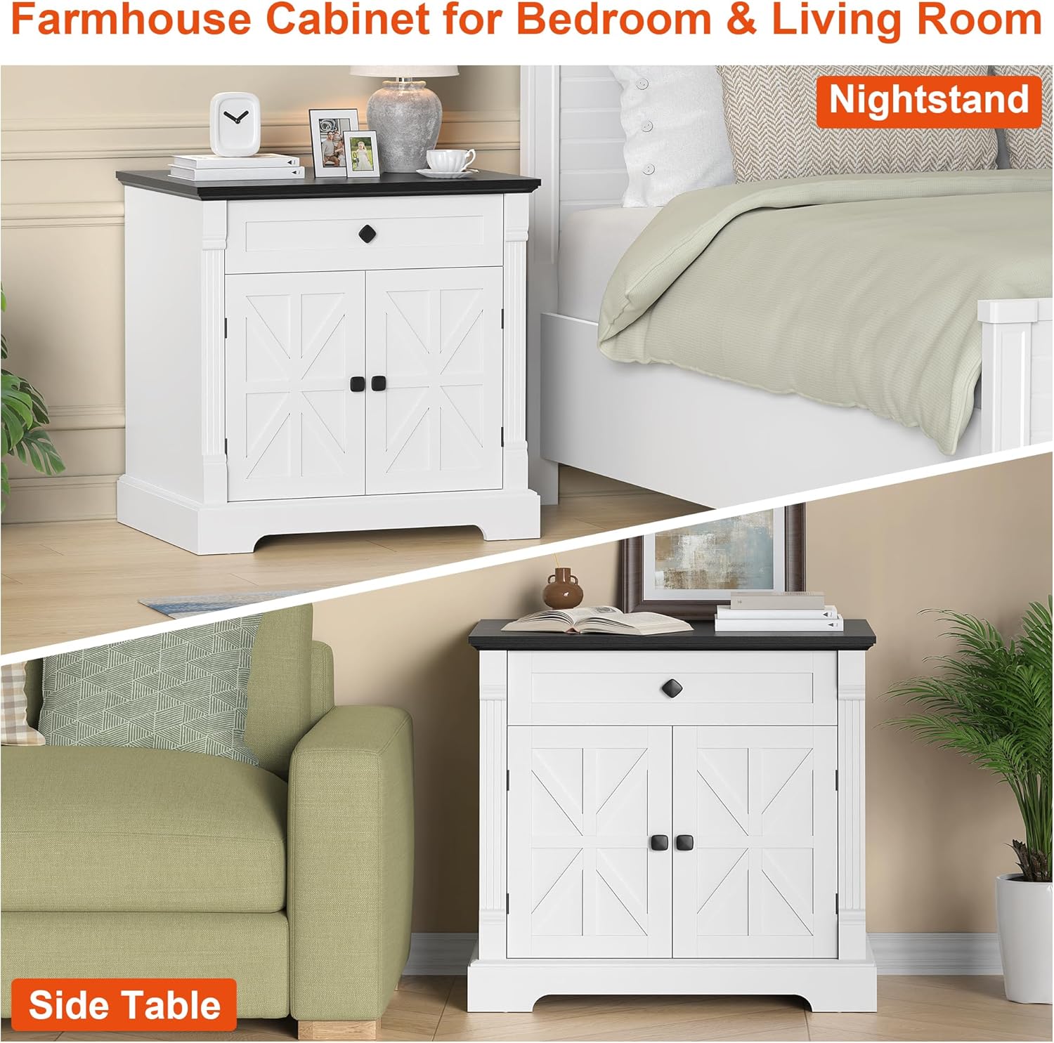 Bigbiglife Farmhouse End Table with Storage, 29.9" Large End Tables Living Room, Sofa Side Table with Drawer and Barn Door, Wooden Square Night Stand for Bedroom, Living Room, White