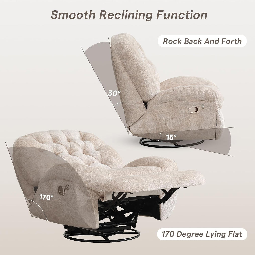 Swivel Rocker Recliner Chair,Oversized Swivel Rocking Sofa | Large Glider Recliner with Phone Holder for Living Room,Chenille,Cream Beige