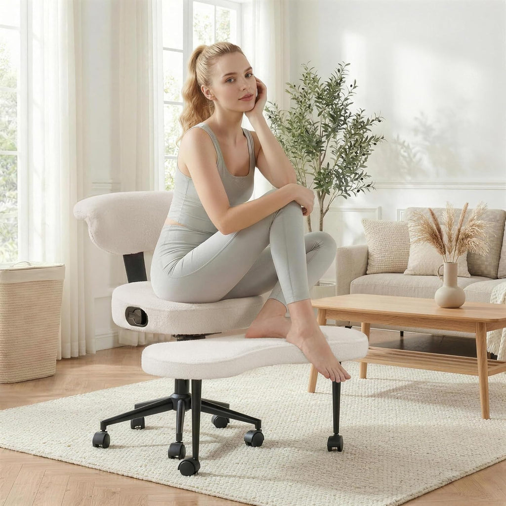 Ergonomic Kneeling Chair with Wheels, Cross Legged Office Chair with High Lumbar Support, 360° Swivel Meditation Chair for ADHD & Yoga, Wide Criss Cross Chair for Home