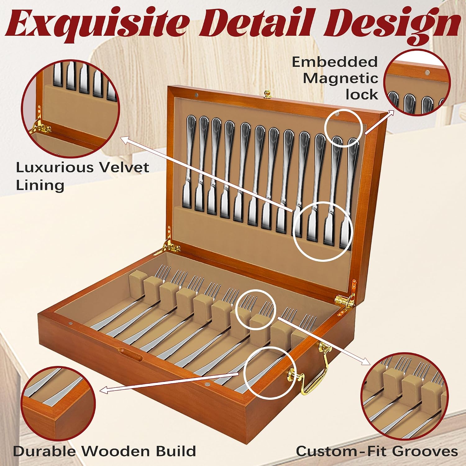 Silverware Storage Box Solid Wood with Lid, Silverware Organizer with Handle and Felt Lined, Silverware Storage Chest for Flatware and Utensils Home Decor Gift, Chest for Flatware Setting Up 15