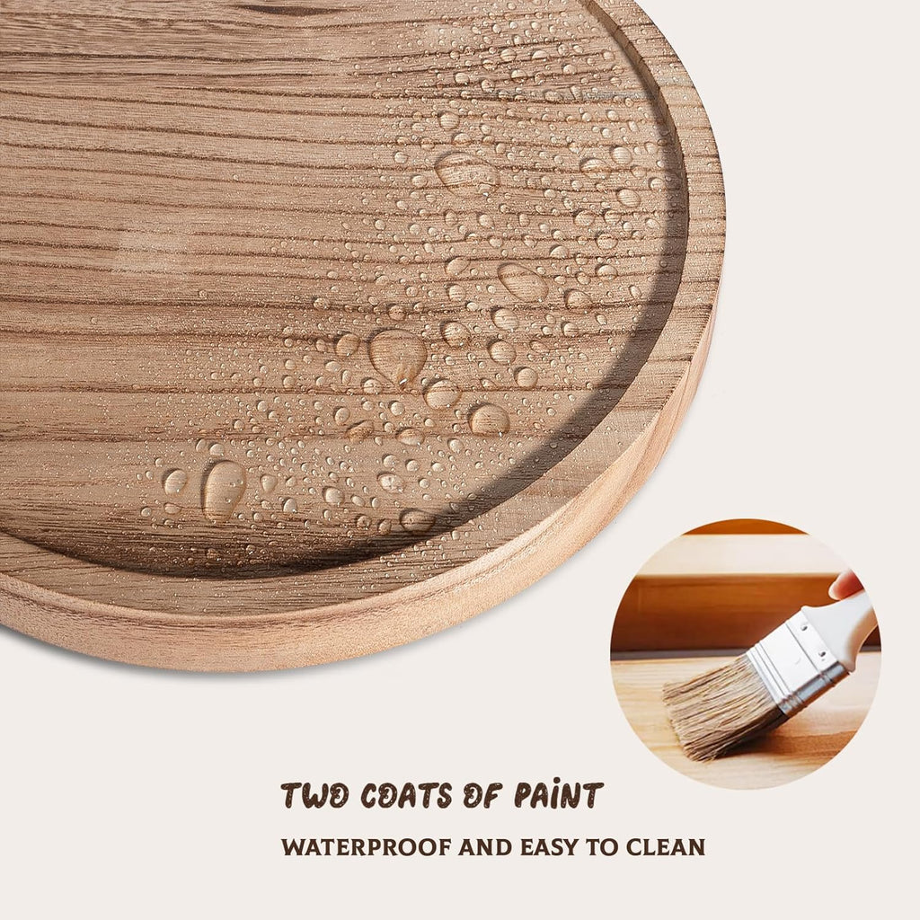 Round Decorative Tray Wood Bathroom Counter Organizer Farmhouse Kitchen Decor Wooden Riser for Soap Dish, Perfume, Candle, Sponge, 10" - Brown