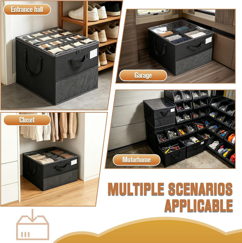 2 Pack Shoe Organizer for Closet, Adjustable Dividers Foldable Shoe Storage Box with Clear Cover, Fits Up to 32 Pairs Large Space Saving Shoe Containers, Reinforced Handles, Black