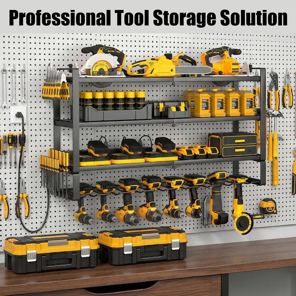 MOOMSINE Large Power Tool Organizer Wall Mount with Charging Station for Garage, 400lbs Metal Storage Rack with 8 Cordless Drill Holder, 4 Tier Heavy Duty Battery Tool Shelf with 5 Outlet Power Strip