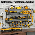 MOOMSINE Large Power Tool Organizer Wall Mount with Charging Station for Garage, 400lbs Metal Storage Rack with 8 Cordless Drill Holder, 4 Tier Heavy Duty Battery Tool Shelf with 5 Outlet Power Strip
