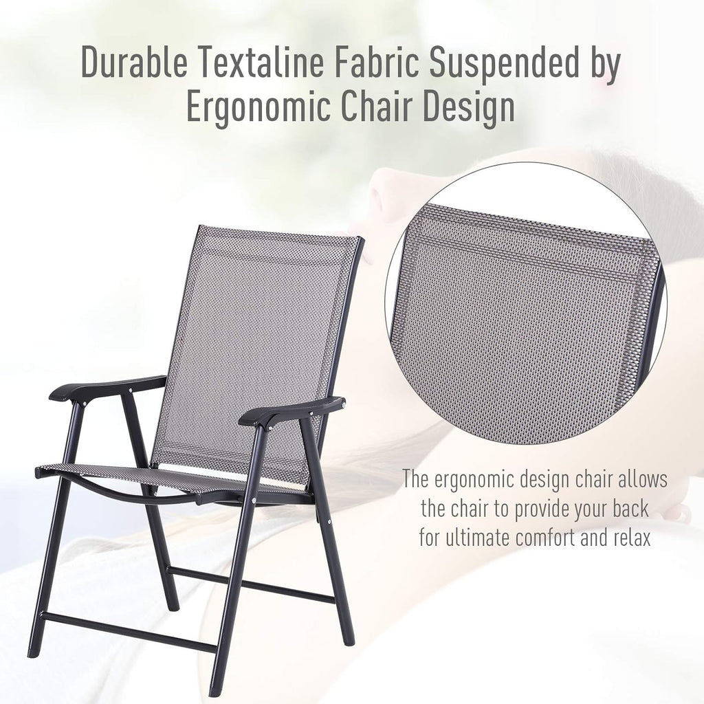 Set of 2 Patio Folding Chairs, Stackable Outdoor Sling Patio Dining Chairs with Armrests for Lawn, Camping, Dining, Beach, Metal Frame, No Assembly, Gray