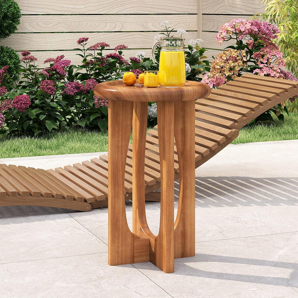 Tangkula Round Side Table, 14” Mahogany Accent Table with Tray Top & Solid Wood Cross Legs, Sofa Bedside End Table for Living Room, Bedroom, Porch, Backyard, Natural