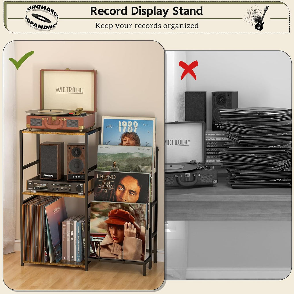 Record Player Stand, Turntable Stand with 4-Tier Vinyl Record Storage, Record Player Table Storage up to 200+ Albums, Record Player Cabinet with Vinyl Display Holder Shelf, vinyl Table for Living Room