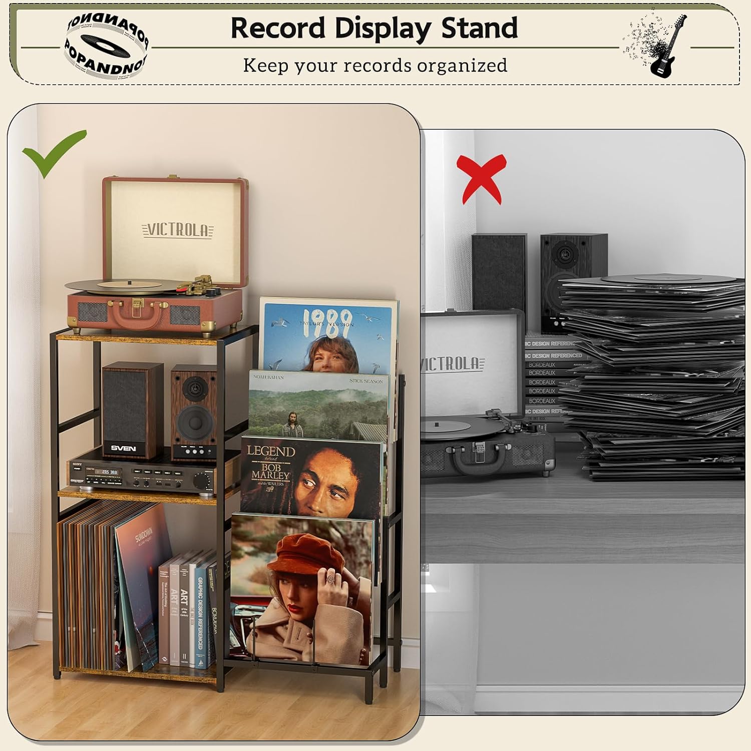 Record Player Stand, Turntable Stand with 4-Tier Vinyl Record Storage, Record Player Table Storage up to 200+ Albums, Record Player Cabinet with Vinyl Display Holder Shelf, vinyl Table for Living Room