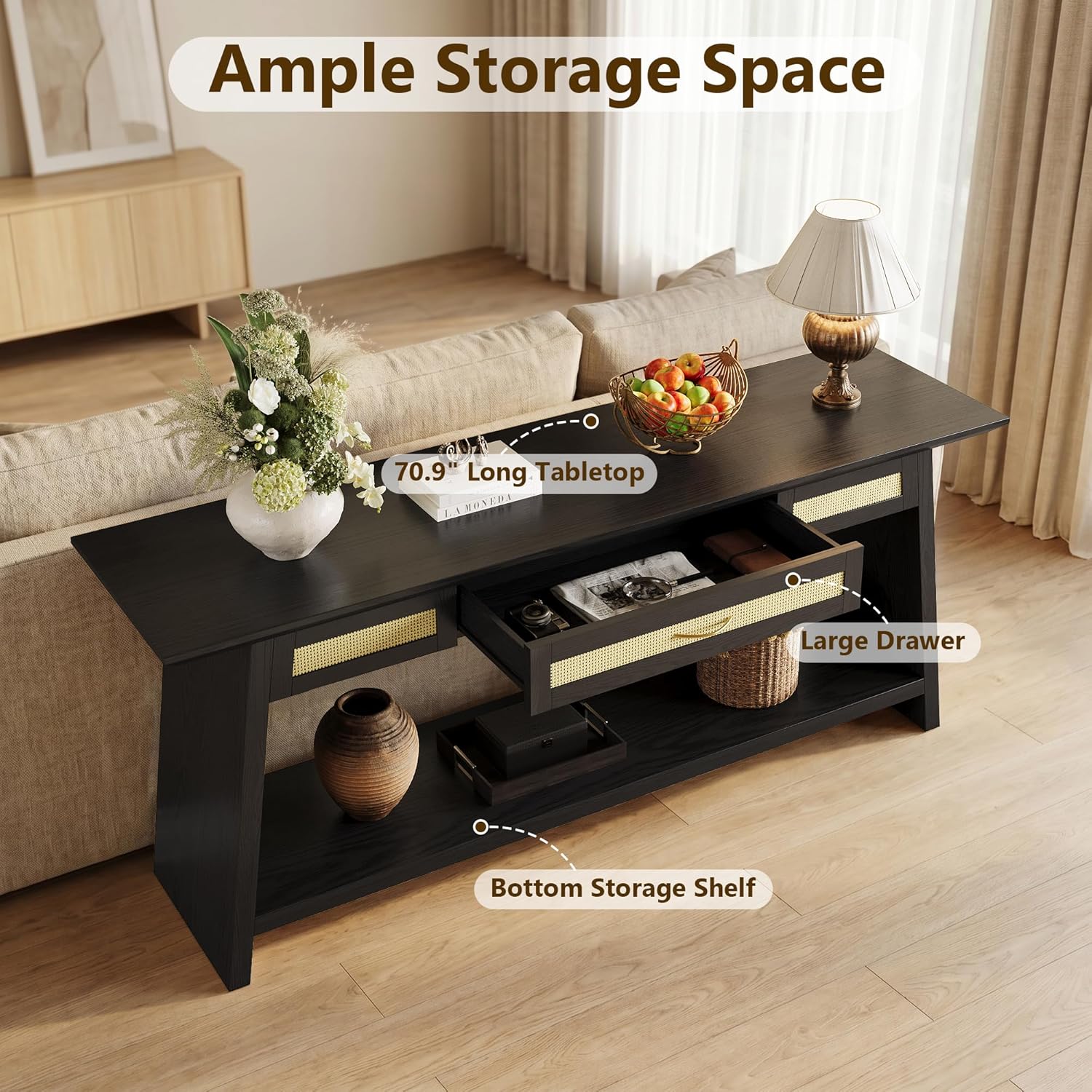 iPormis 70.9 Inches Rattan Entryway Table with Drawer, Narrow Long Console Table Behind Sofa, Modern Entry Accent Hallway Table for Living Room, Behind Couch, Entrance, Black