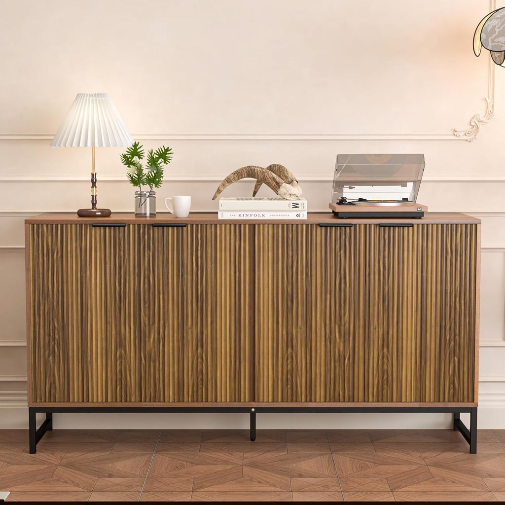 Fiogmub Fluted Accent Storage Cabinet, Kitchen Sideboard Buffet with 4 Fluted Doors, Adjustable Shelves for Living Room, Dining Room, Hallway (Walnut)