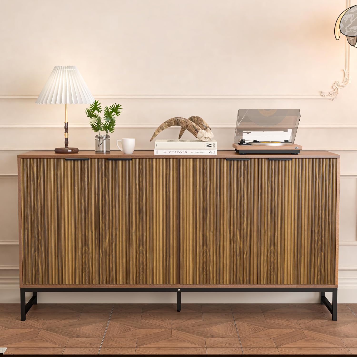 Fiogmub Fluted Accent Storage Cabinet, Kitchen Sideboard Buffet with 4 Fluted Doors, Adjustable Shelves for Living Room, Dining Room, Hallway (Walnut)