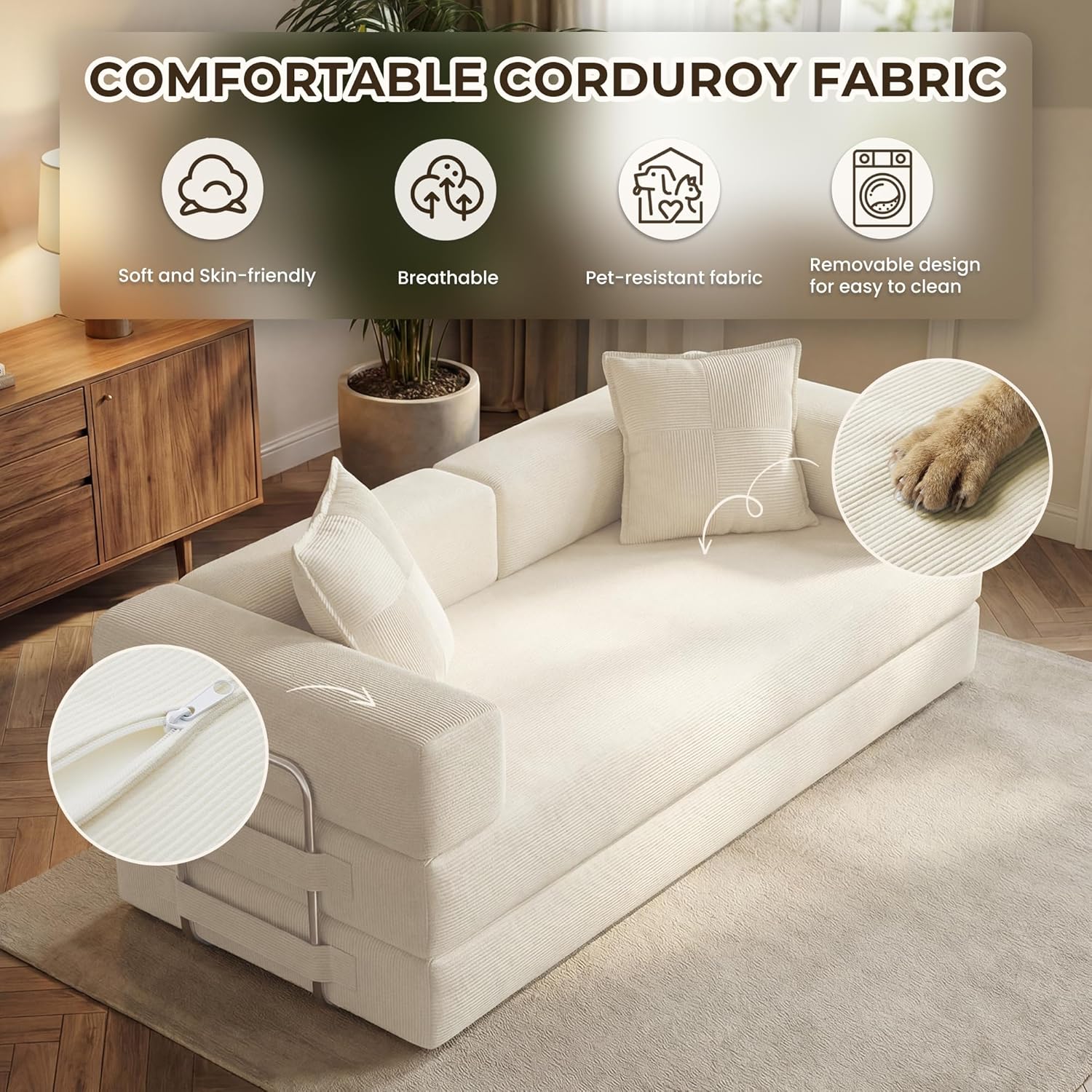 GRUSIGN 78 Inch Convertible Sofa Bed, 5-in-1 Futon Sofa Bed Pull Out Couch, Boneless Couch Bed for Living Room, Corduroy Boneless Couches for Bedroom, Apartment, No Assembly Sleeper Sofa Bed, Beige