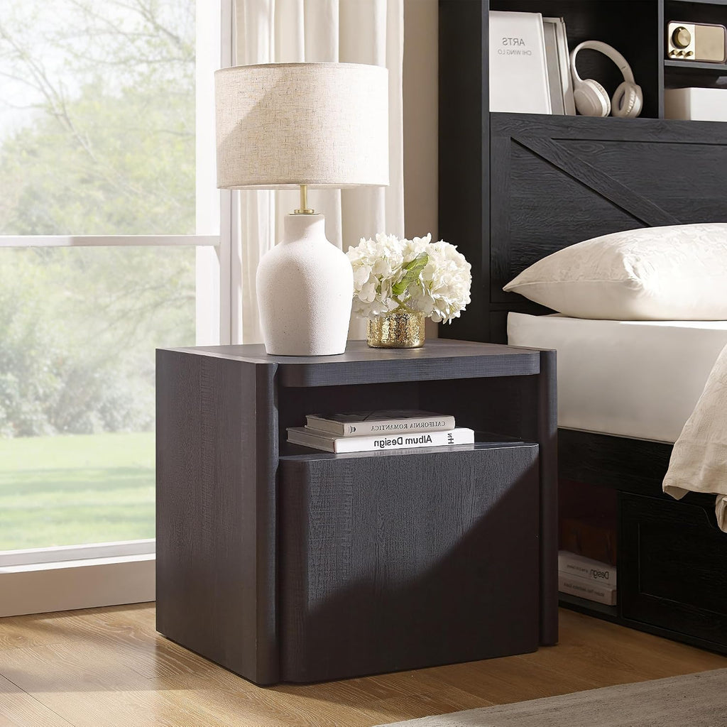 ACCOHOHO 23'' Nightstand with Charging Station, Modern Side Table with Storage Cabinet, End Table, Curved Profile Design, Large Wooden Bedside Table for Bedroom, Living Room, Black