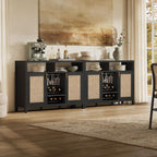 SICOTAS Rattan Coffee Bar Cabinet with Wine Racks & Metal Stemware Holders | 51" Sideboard Buffet Cabinet with Storage, Modern Liquor Cabinet Boho Credenza Buffet Table for Living Dining Room, Black Oak