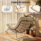 FLEXISPOT Oversized Outdoor Rocking Chair with Thick Cushioned Seat & Bonus Pillow Modern Patio Papasan Rocker Lounge Chair with Metal Frame Wood Base Accent Chair for Porch Balcony Living Room Beige