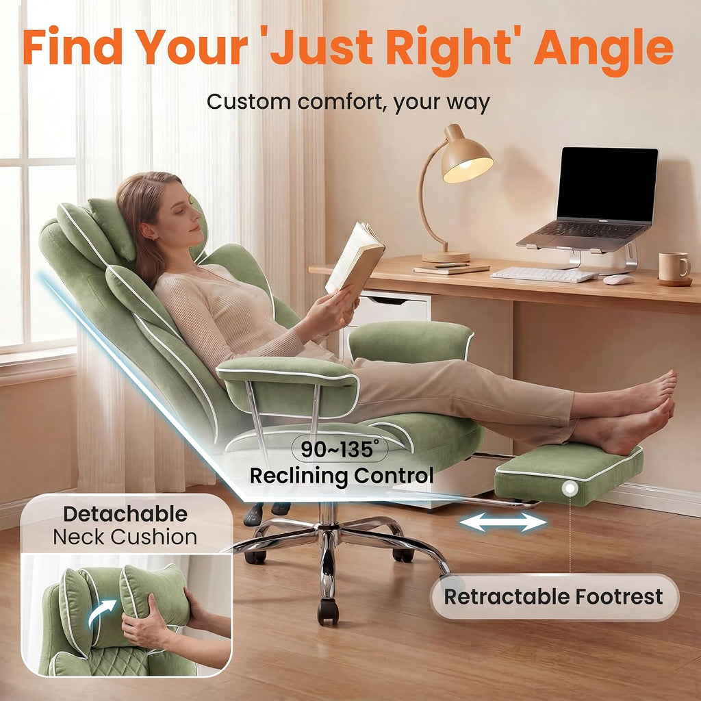 NEO CHAIR Big and Tall Office Chair Gaming Computer Chair High Back Heavy Duty Desk Chai with Lumbar Support Adjustable Recliner Footrest Wide Seat Fabric Executive Home with Wheels (Fabric Green)