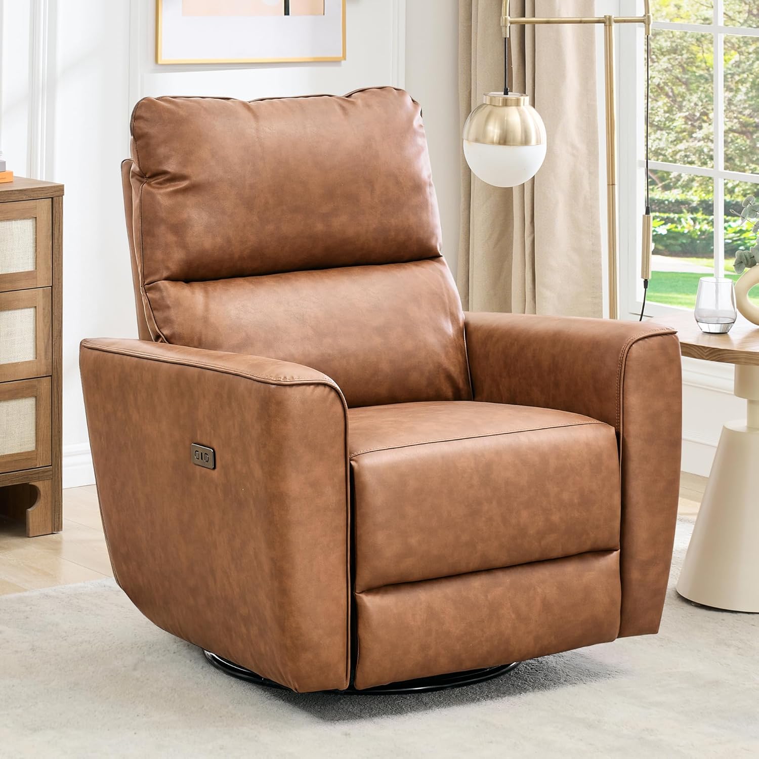 Power Recliner Chair, 270° Swivel Rocking Glider with USB Charging Port, PU Leather Upholstered Fabric, Ergonomic Modern Nursery Chair for Living Room, Bedroom, Nursery (Power Brown)