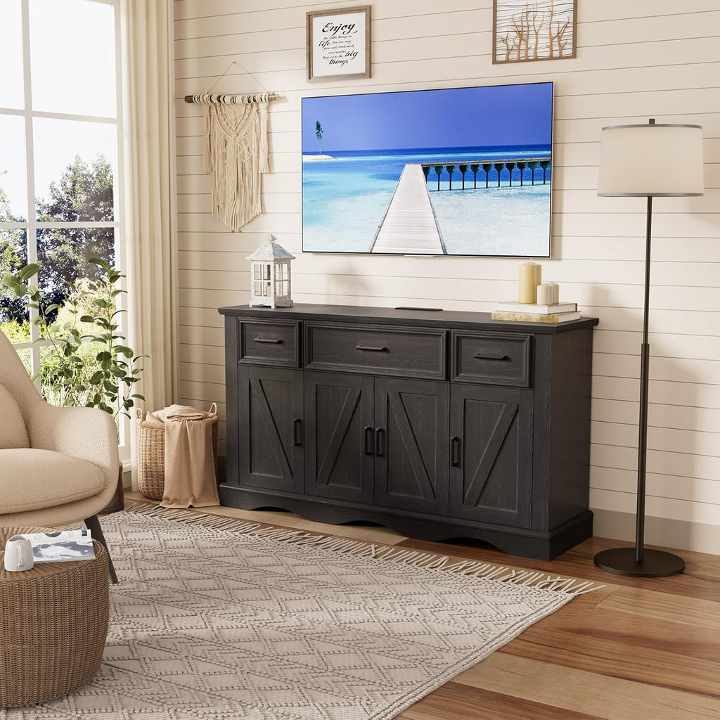 56" Buffet Cabinet Sideboard with Storage: Built-in Charging Station, Farmhouse Wood Coffee Wine Bar, Furniture with Drawers and Doors for Kitchen, Dining Room, Living Room, Black