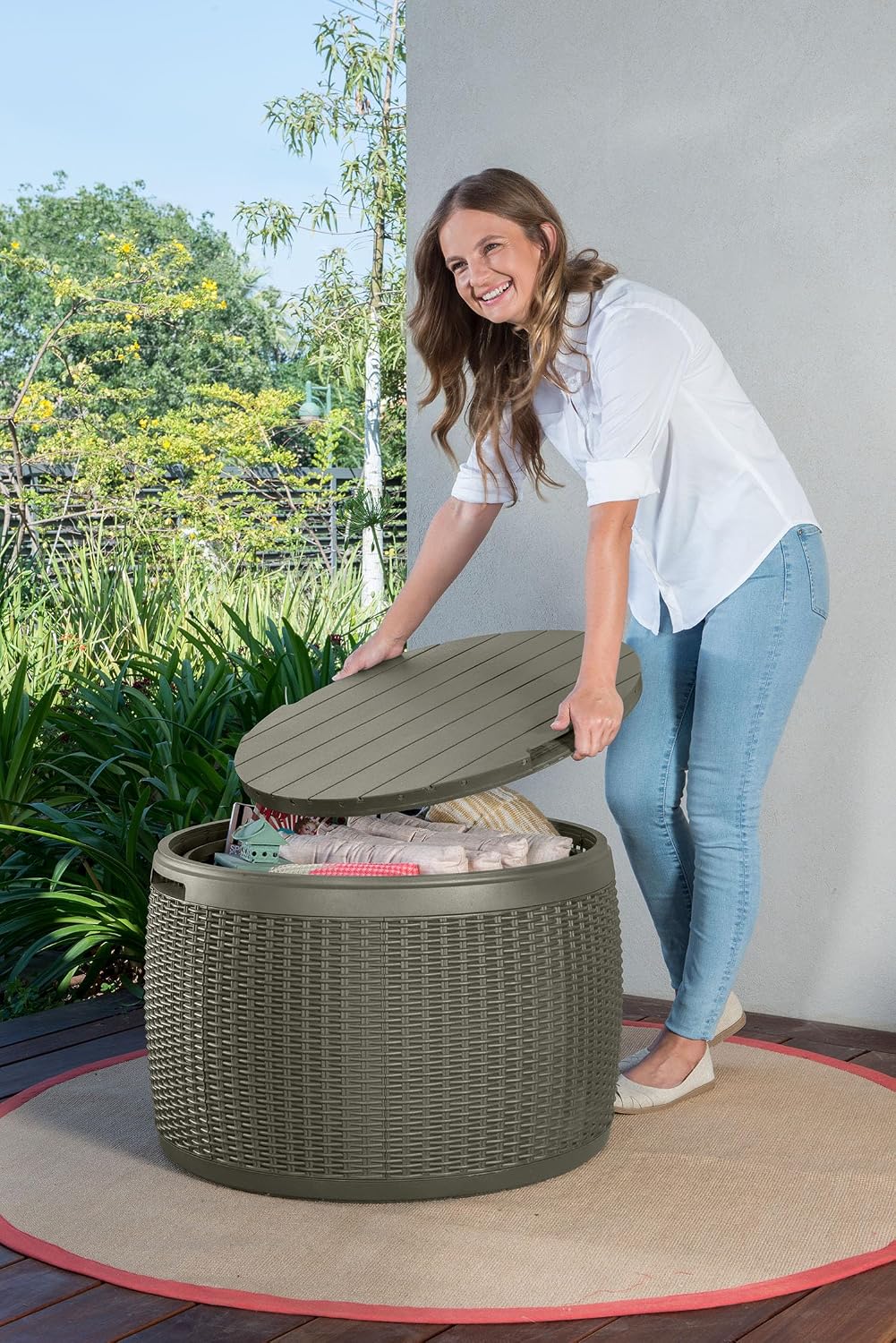 Keter Circa 37 Gallon Resin Deck Box Stool, All-Weather Outdoor Storage Seat with Rattan-Look Finish, Durable Patio Storage Bench for Cushions, Garden Tools, Pool Accessories