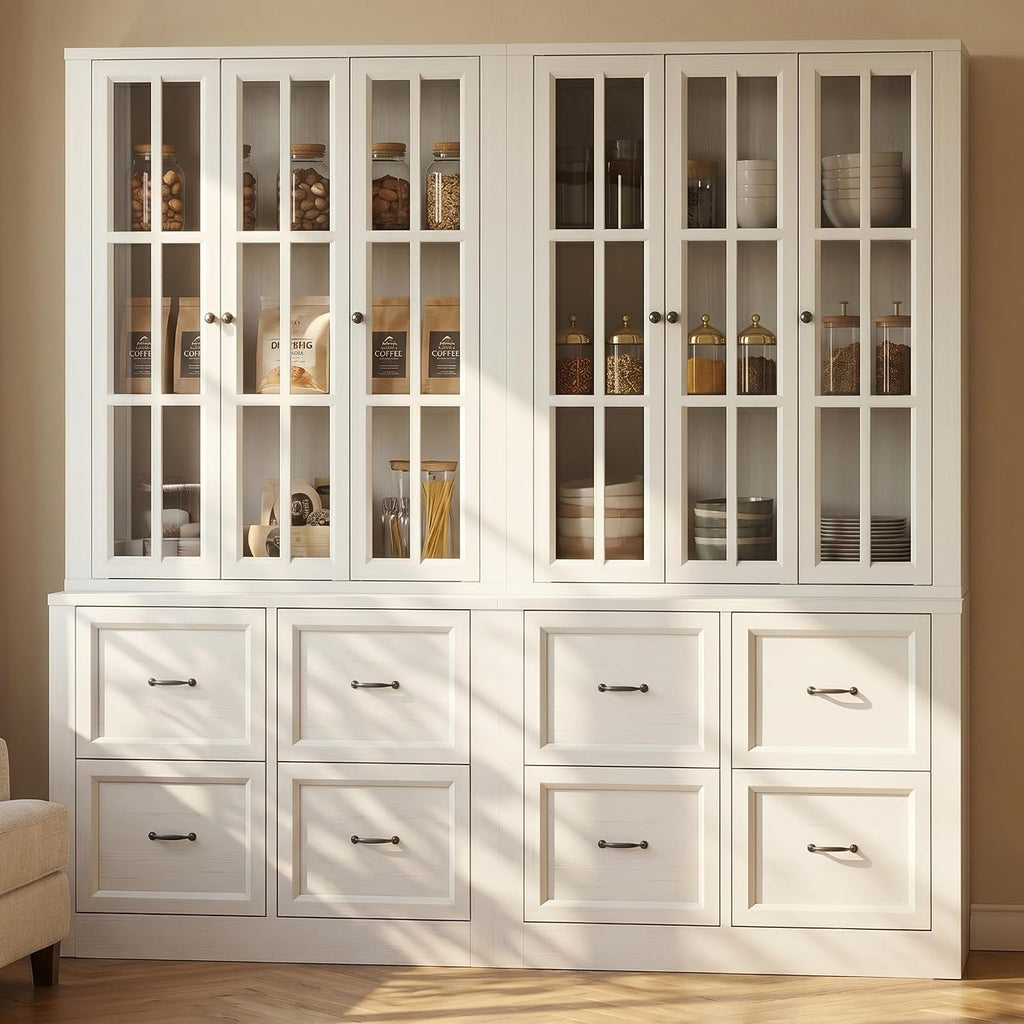 80" Modular Kitchen Pantry Cabinet, 2-in-1 Freestanding Tall Pantry Cabinet with Glass Doors & Adjustable Shelves, Large Hutch Storage Cabinet for Kitchen & Living Room (2, Vintage Warm White, AD)