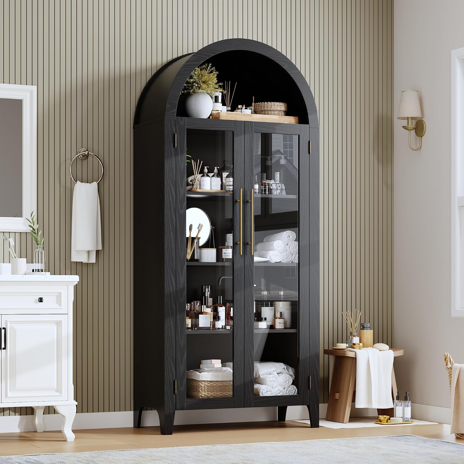 IDEALHOUSE Arched Kitchen Pantry Cabinet with Glass Doors, 5-Tier Farmhouse Display Cabinet with Adjustable Shelves, Versatile Storage Cupboard Organizer for Bathroom, Dining Room, Living Room, Black