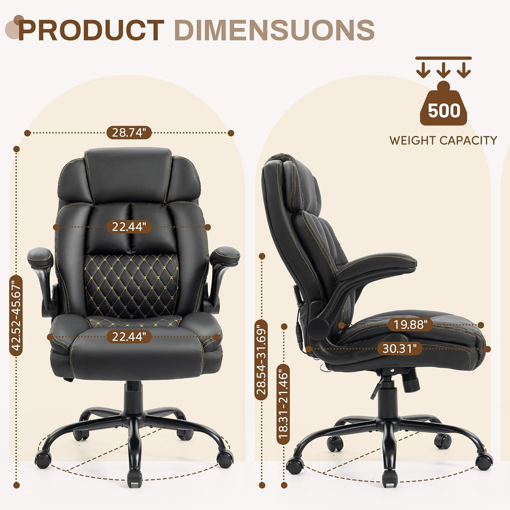 Massage Office Chair, 500LBS Ergonomic Rocking Executive Desk Chairs with 4 Points Vibration&Heat,Padded Flip-up Armrests for Big and Tall Office Chair,Swivel Computer Chair Thicken, PU Black