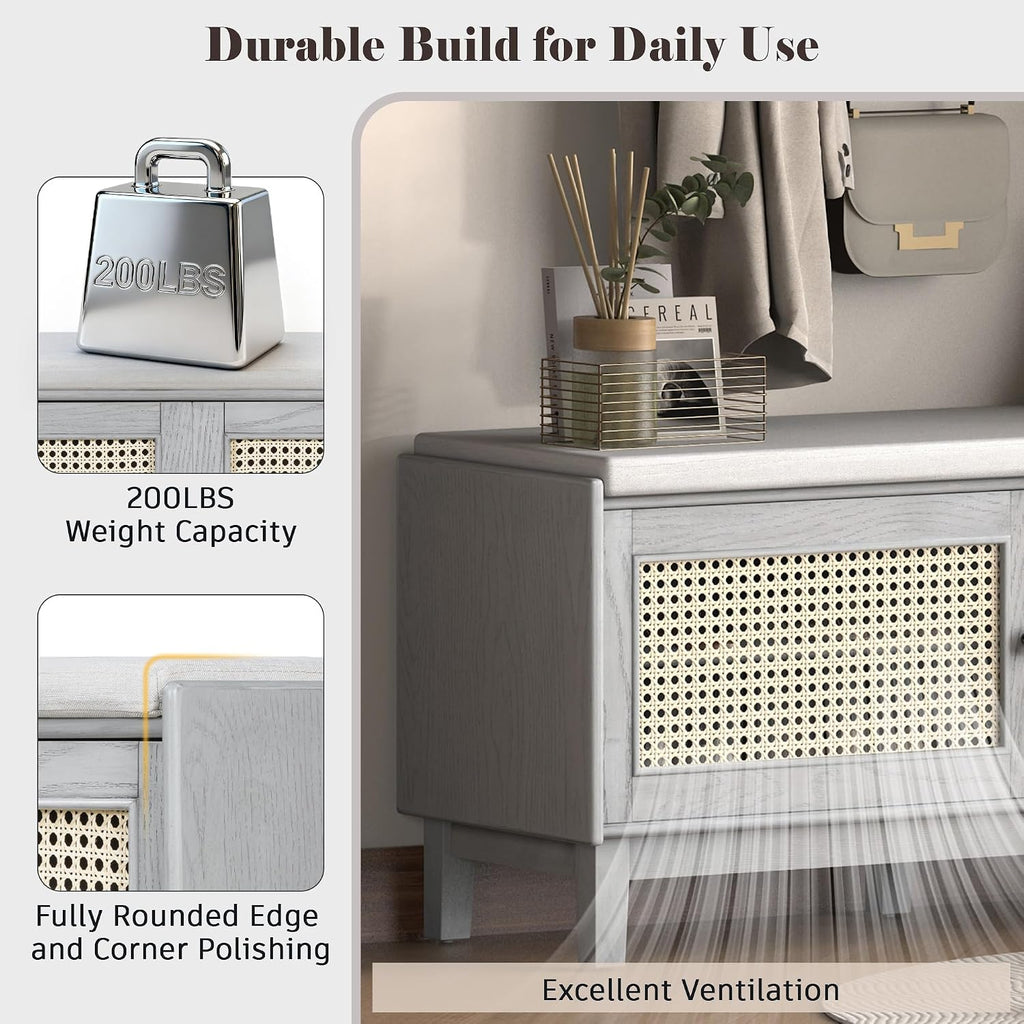 LUMISOL 2-Tier Storage Bench, Rattan Entryway Bench with Storage, Cushioned Shoe Bench with Double Doors for Entryway, Hallway, Grey+Beige