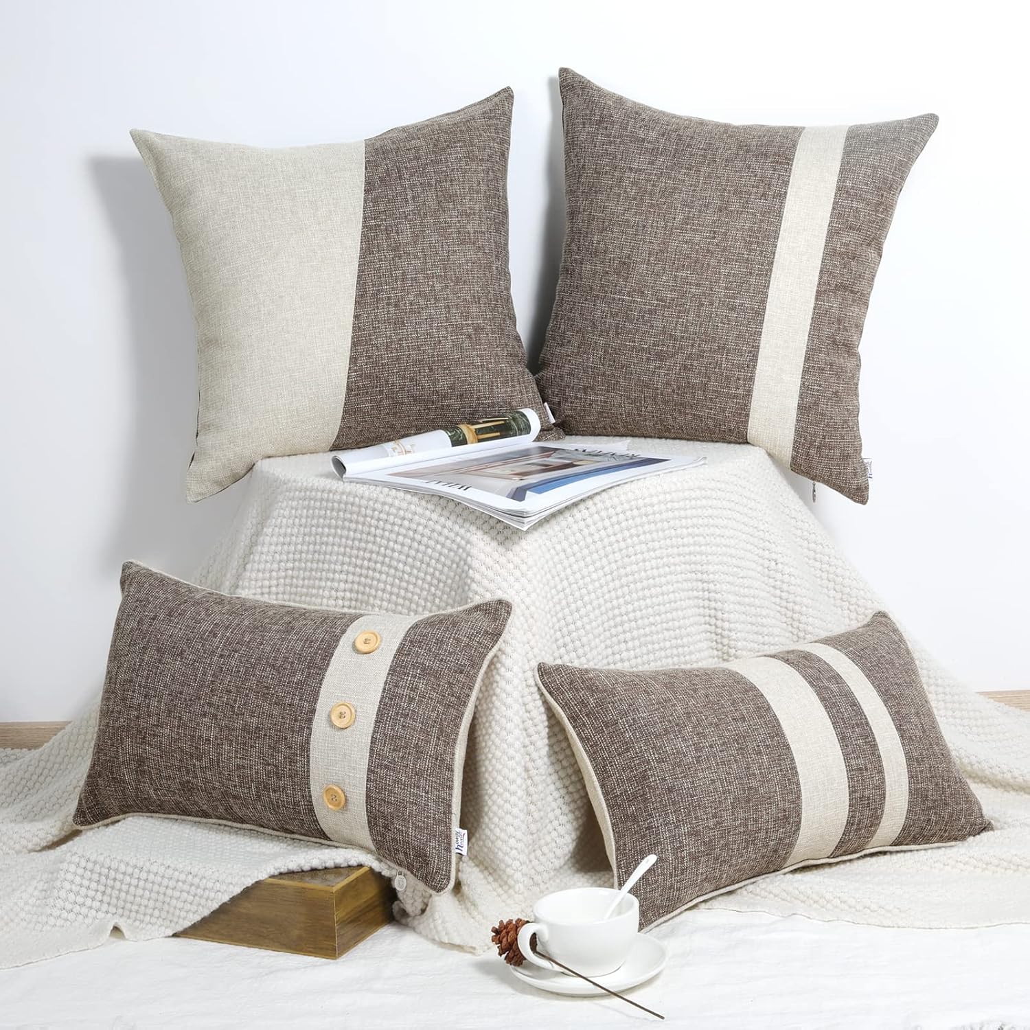 Set of 2 Khaki Linen Pillow Covers 18x18 inch with Patchwork Stripe Square Cushion Cases Soft Comfortable Farmhouse Pillow Cover for Couch Sofa Chair Bench Patio Living Room Home Decor
