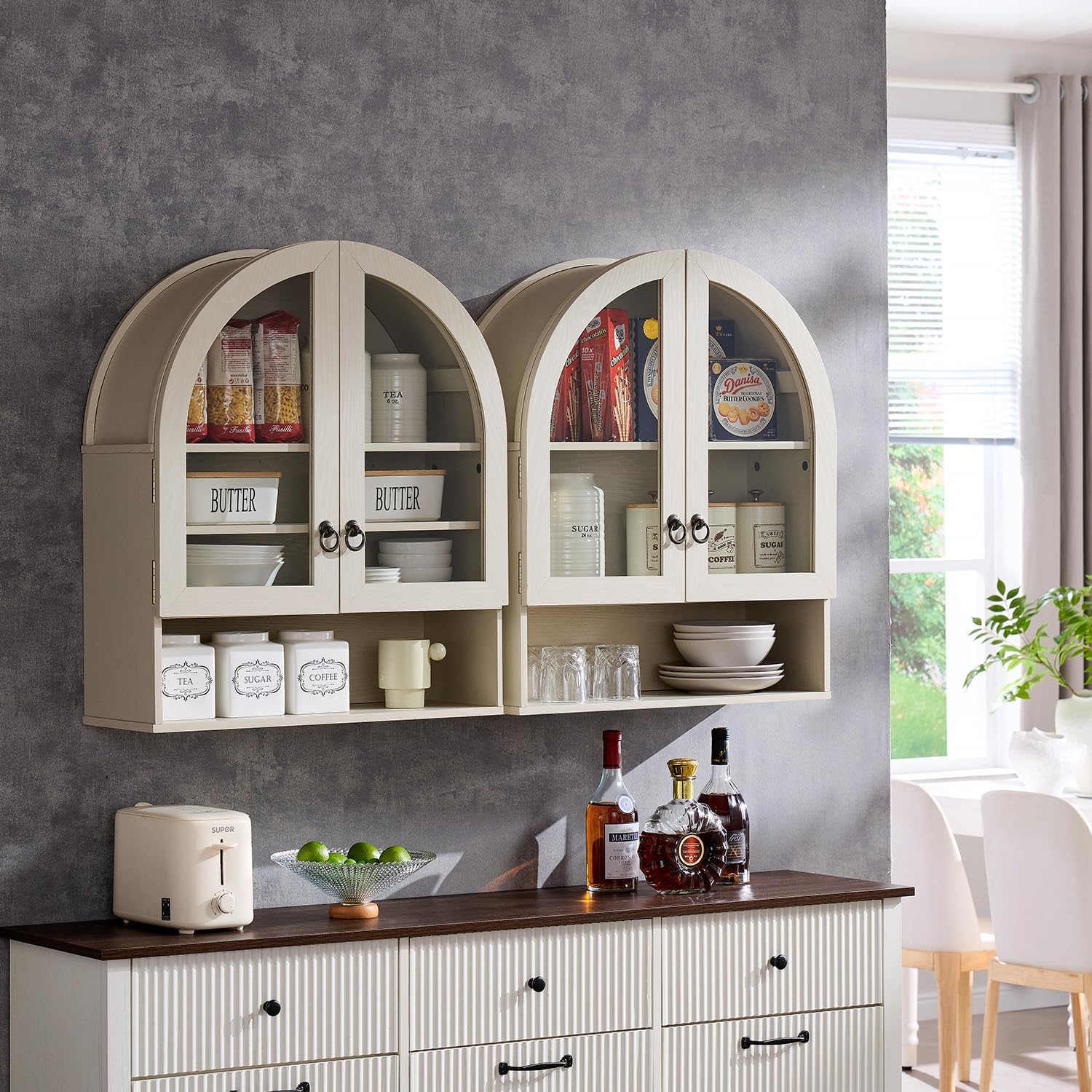 IFGET Bathroom Arched Wall Cabinet, 23.6'' Wide Medicine Cabinet with Adjustable Shelves & Acrylic Glass Doors, Over The Toilet Storage Wall Mount Cabinet for Laundry Room,Kitchen & Living Room, Cream