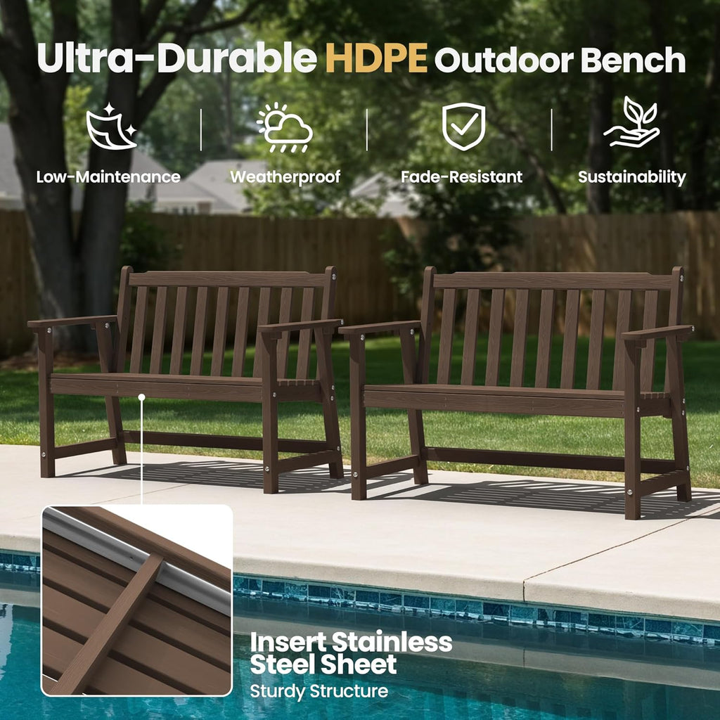 Ciokea 48" Outdoor Bench, HDPE Weatherproof Porch Bench, 2-Person Garden Benches with 550 Lbs, Waterproof Patio Benches for Outside Balcony Deck Backyard, Brown