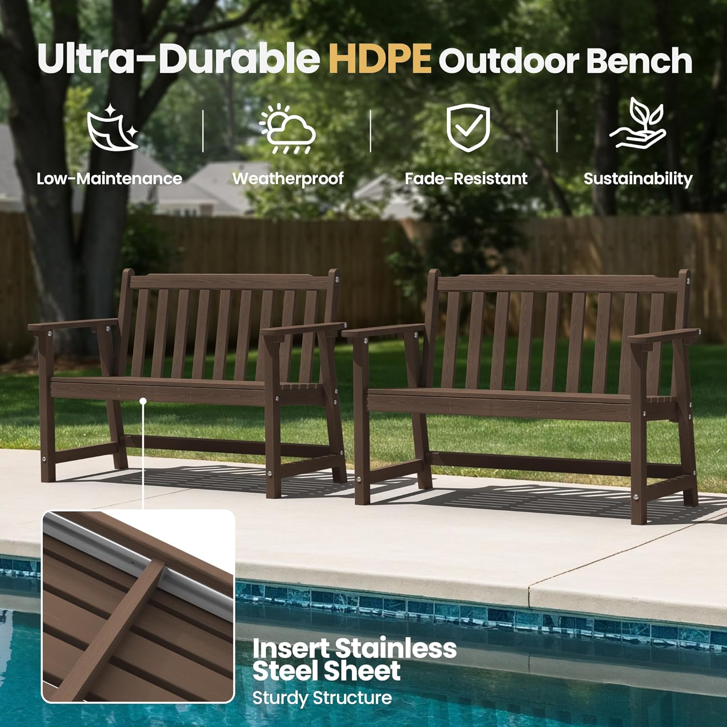 Ciokea 48" Outdoor Bench, HDPE Weatherproof Porch Bench, 2-Person Garden Benches with 550 Lbs, Waterproof Patio Benches for Outside Balcony Deck Backyard, Brown