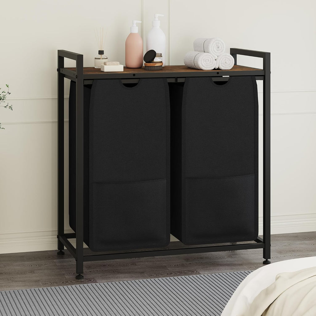 Laundry Sorter, Freestanding Black Hamper Basket, 2 Section Organizers and Storage, Pull-Out Fabric Bags, 100lb Capacity MDF Shelf, Metal Frame, 48L Bags, 26.8x13x28.5 Inch